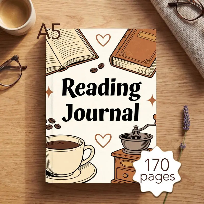 A5 Reading Journal,170 Pages,Daily Reading Planner,Book & Coffee Theme,Ideal Gift for Book Lovers to Record Book Notes & Quotes